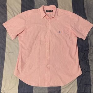 Polo RL Mens S/S Button Up Shirt Sz 2XLT Tall Pinstripe Pink White Preppy